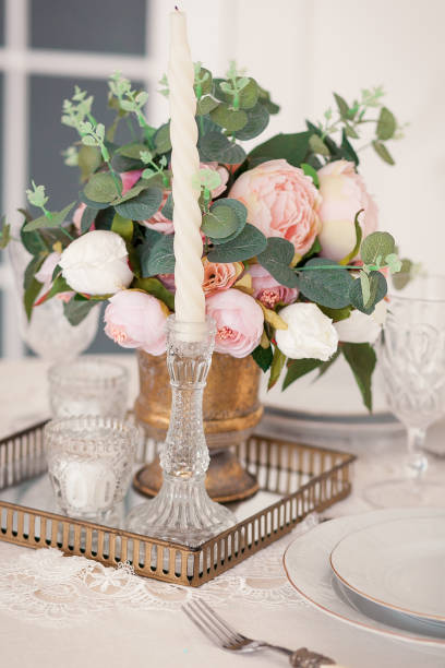 istock Retro stylized photo of wedding table setting in rustic style 804305404
