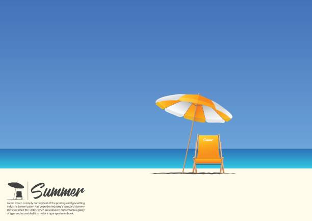 illustrazioni stock, clip art, cartoni animati e icone di tendenza di paesaggio estivo sulla spiaggia con sedia a sdraio arancione e ombrellone arancione su sfondo cielo sfumato blu con spazio di copia per il tuo testo. - party umbrella