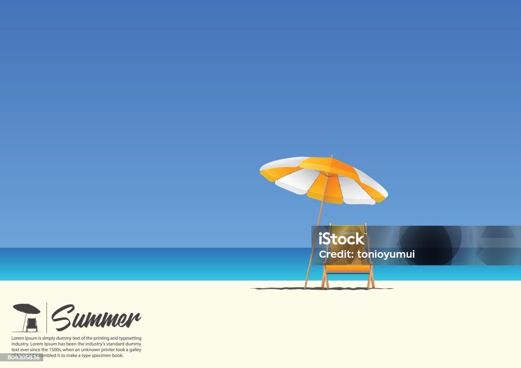 Summer beach landscape with orange beach chair and orange beach umbrella on blue gradient sky background  with copy space for your text. Summer beach landscape with orange beach chair and orange beach umbrella on blue gradient sky background  with copy space for your text.  Vector Illustration. Beach stock vector