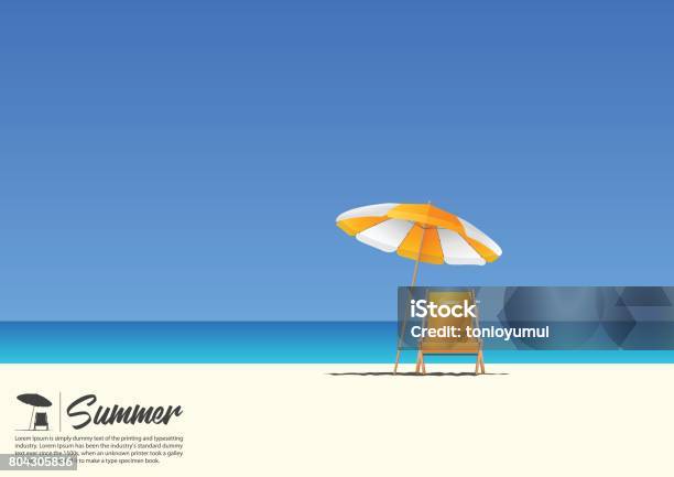Summer Beach Landscape With Orange Beach Chair And Orange Beach Umbrella On Blue Gradient Sky Background With Copy Space For Your Text Stock Illustration - Download Image Now