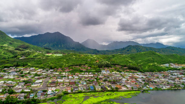High Angle View Of Residential District in Kailua, Honolulu, Hawaii, USA stock photo