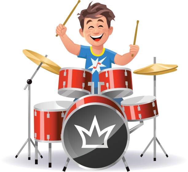 ilustrações de stock, clip art, desenhos animados e ícones de boy playing drums - vector excitement white red