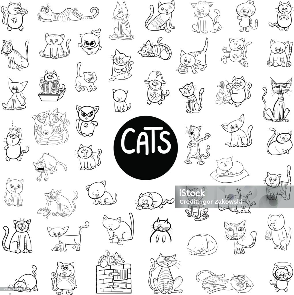 Set Besar Kucing Hitam Dan Putih Ilustrasi Stok - Unduh Gambar Sekarang