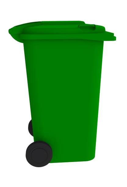 istock Beside view of green garbage wheelie bin with a closed lid on a white background, 3D rendering 804330356