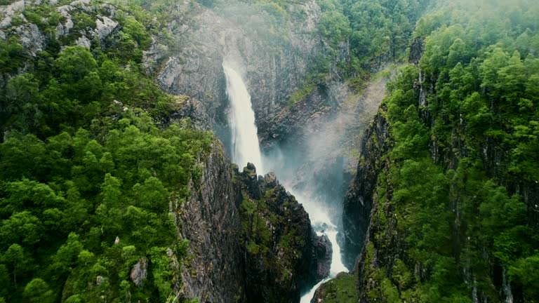 Scenic aerial view of Voringfossen waterfall in Norway