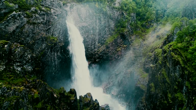 Scenic aerial view of Voringfossen waterfall and river