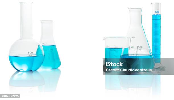 Chemical Glassware With Blue Liquid Stock Photo - Download Image Now - Beaker, Blue, Laboratory