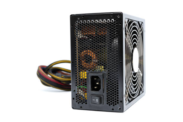 istock 850W Power supply unit with cable and switch I O, black color for full ATX Tower case PC have big fan for cool ioslated on white background 804343292