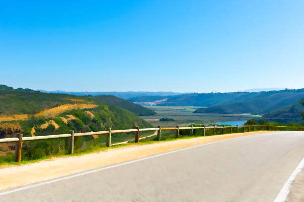 Asphalt Road between Hills Covered with Forest in Portugal, Stylized Photo
