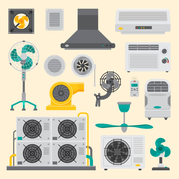 illustrazioni stock, clip art, cartoni animati e icone di tendenza di condizionatore d'aria sistemi di camera d'aria apparecchiature condizionamento clima tecnologia ventola temperatura fredda illustrazione vettoriale - air air conditioner electric fan condition