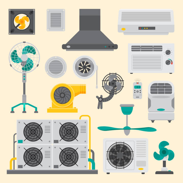 Air conditioner airlock systems equipment ventilator conditioning climate fan technology temperature cool vector illustration Air conditioner airlock systems equipment ventilator conditioning climate fan technology temperature cool home control vector illustration. Blow acclimatization purifier blowing ventilation appliance. electric fan stock illustrations
