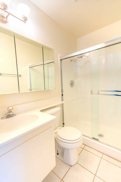 istock White bathroom with shower and glass door 804346724