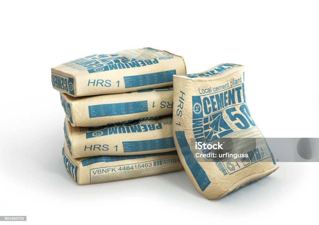 Cement bags stack. Paper sacks isolated on white background. 3d illustration Cement Stock Photo