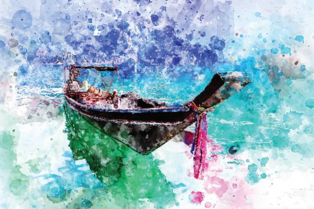 istock Boat rafting in the dam, with watercolor art. 804351218