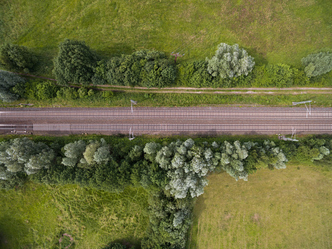 Aerial view of railway track in rural area in germany