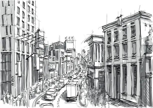 Vector illustration of Hand drawn black and white city architecture