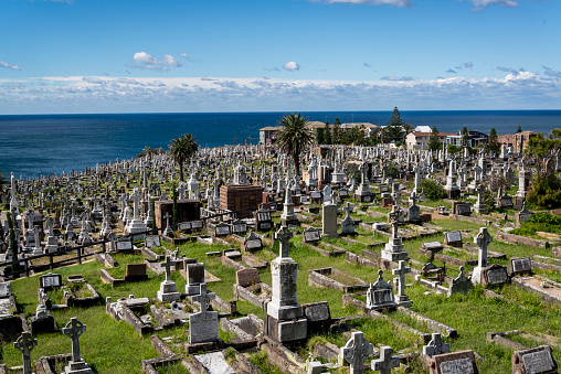 Waverley Cemetery, a cemetery on top of the cliffs at Bronte, noted for its largely intact Victorian and Edwardian monuments, Eastern suburbs, Sydney, NSW, Australia