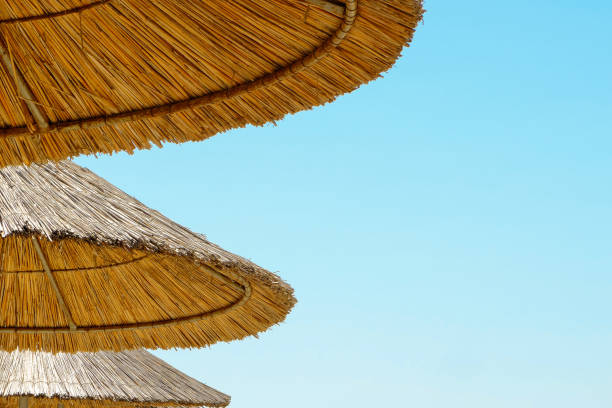 istock Three beach umbrellas made of straw at blue sky background 804358136