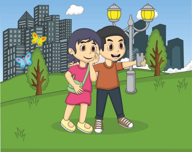 Children Selfie In The Park Cartoon Stock Illustration - Download Image Now  - Adult, Adults Only, Agricultural Field - iStock