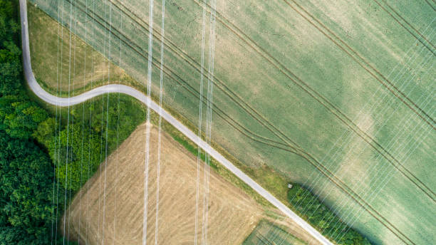 istock Agricultural area, fields and transmission lines 804384346