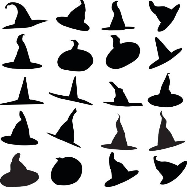 Witch_hats Vector silhouette of witch hats of various shapes isolated on white background. witchs hat stock illustrations