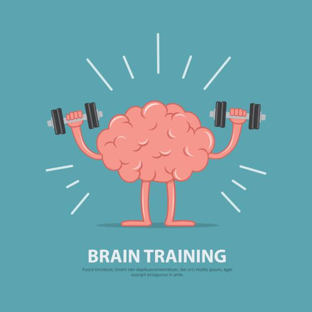 ilustraciones, imágenes clip art, dibujos animados e iconos de stock de poder del cerebro. ejercicio del cerebro. personaje de dibujos animados cerebro levantando pesas. concepto de educación. - barbell weights dumbbell sport