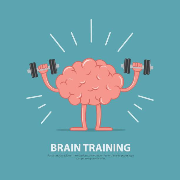 Brain power. Brain exercise. Cartoon brain character lifting dumbbells. Education concept. Brain power. Brain exercise. Cartoon brain character lifting dumbbells. Education concept. Vector illustration in flat style. weightlifting stock illustrations