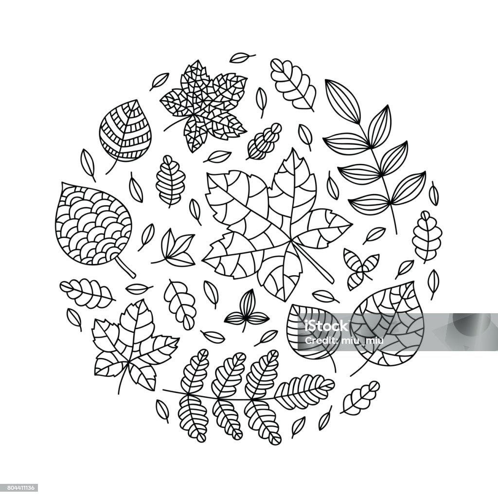 Coloring page with contour drawing leaves Coloring page with contour drawing leaves. Perfect for anti-stress therapy, coloring books. Vector hand drawn illustration. Art stock vector