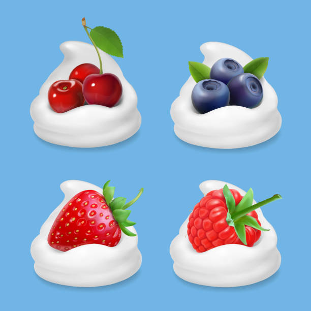 ilustrações de stock, clip art, desenhos animados e ícones de berries and yogurt. realistic illustration vector icon set - dairy farm liquid food and drink splashing