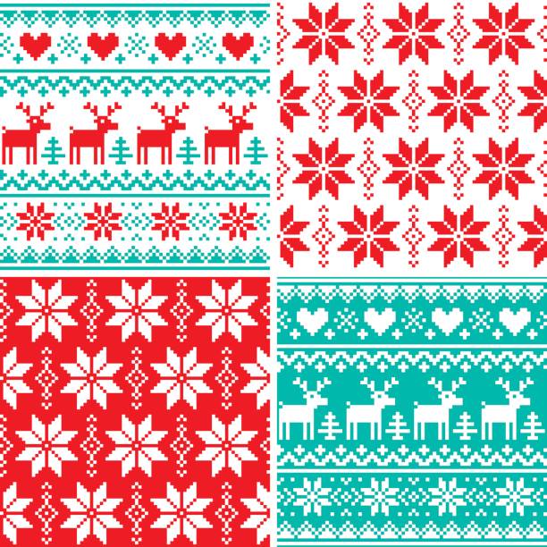 Winter pattern set, Christmas seamless design collection, ugly Xmas jumper style Xmas repetitive background set in red and turquoise, reindeer and snowflakes decoration christmas sweater stock illustrations