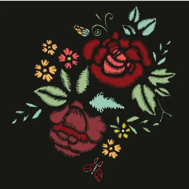 Vector illustration of Embroidery Stitches With Roses, Meadow Flowers.