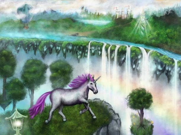 유니콘 사는 환상과 마법의 세계 디지털 페인팅 - unicorn fantasy landscape animal stock illustrations