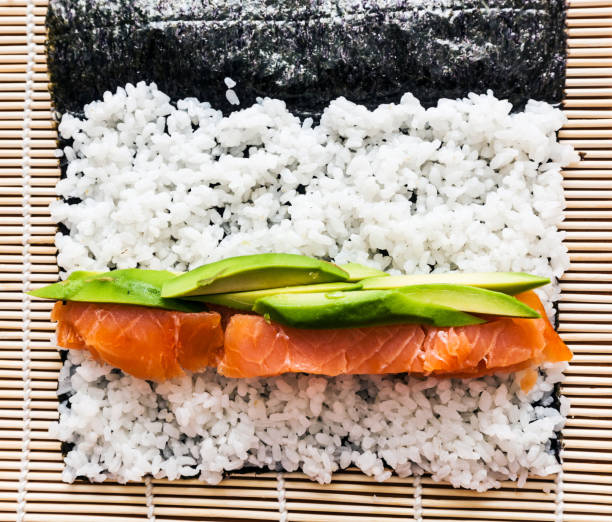 Preparing sushi background. Salmon, avocado, rice on seaweed.