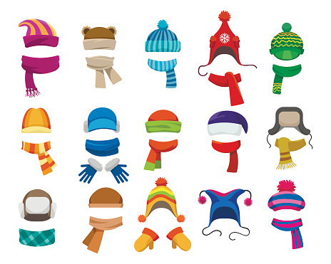 Winter or autumn headwear collection. Vector knitting hats, caps and scarfs for girls and boys for cold weather isolated on white background