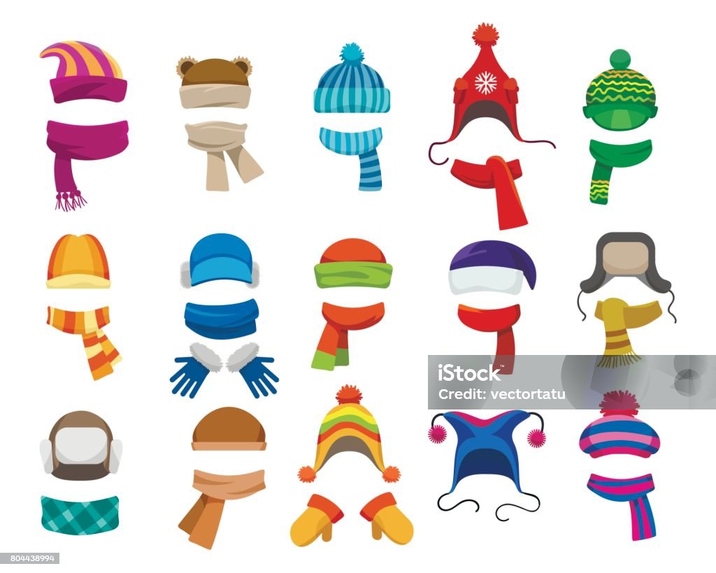 Winter or autumn headwear collection Winter or autumn headwear collection. Vector knitting hats, caps and scarfs for girls and boys for cold weather isolated on white background Winter stock vector