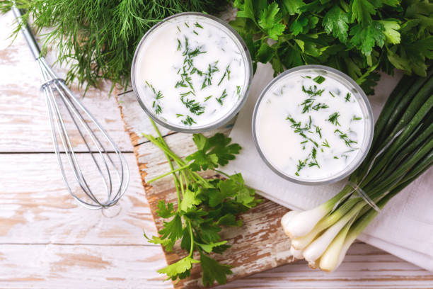 istock Ayran with fresh herbs. Traditional Turkish yoghurt drink. 804439096