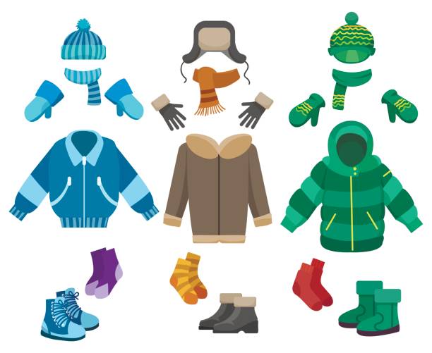Male winter clothing Male winter clothing isolated on white background. Cold weather clothes collection for boys vector illustration coat garment stock illustrations