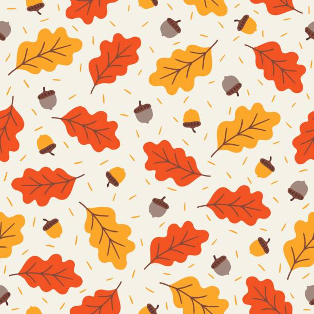 Seamless pattern with acorns and autumn oak leaves Seamless pattern with acorns and autumn oak leaves in Orange, Beige, Brown and Yellow. Perfect for wallpaper, gift paper, pattern fills, web page background, autumn greeting cards. autumn designs stock illustrations