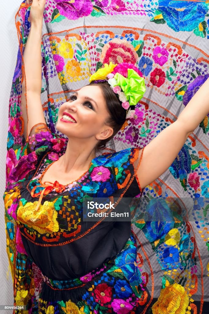 beautiful smiling mexican woman in traditional mexican dress nands up holding the skirt as a background like peacock Mexico Stock Photo