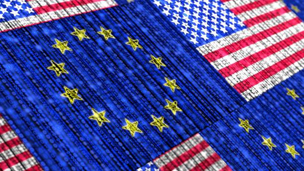 European US flag composed of binary data streams cybersecurity concept stock photo