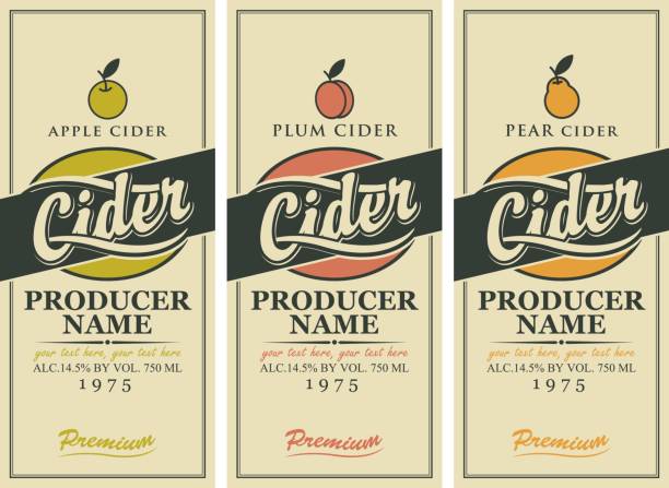 ilustraciones, imágenes clip art, dibujos animados e iconos de stock de etiquetas vector para sidra con manzana, ciruela y pera - cider