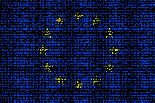 European flag composed of dense computer code cybersecurity programming concept