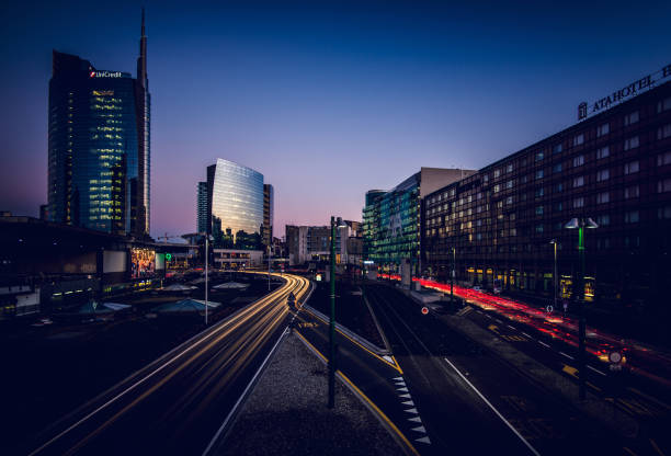 Milan Porta Garibaldi district. The Unicredit Bank skyscraper , at dusk. stock photo