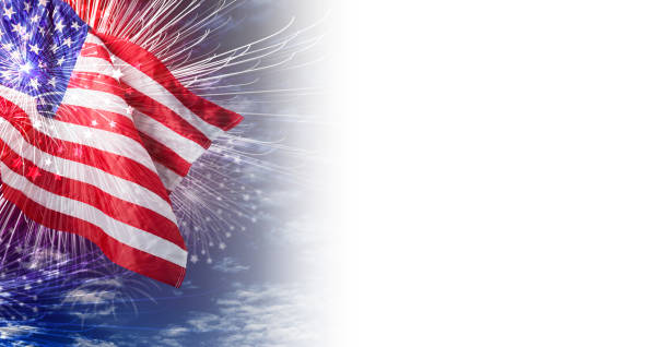 istock USA flag with firework and blue sky with cloud background 804503894