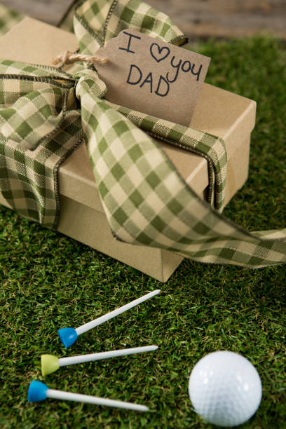 cerca de regalo del día de padres con la pelota de golf y tee de campo - sport tee day tee box fotografías e imágenes de stock