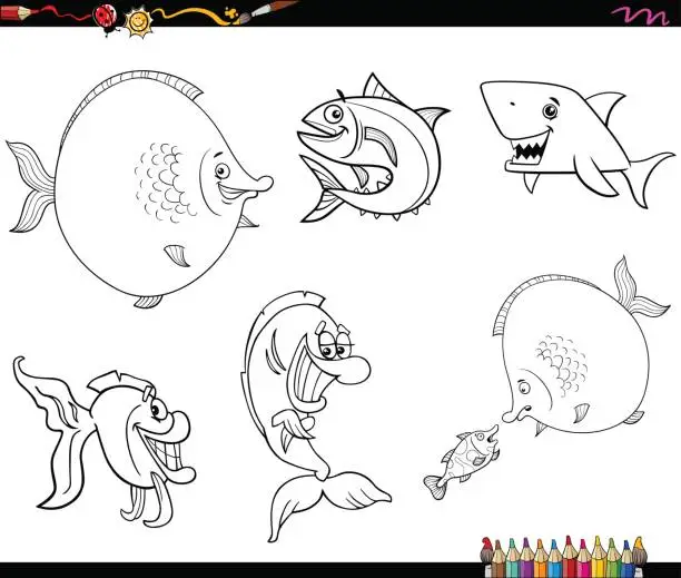 Vector illustration of cartoon fish set coloring book