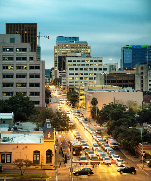 istock Elevated street view in Austin Texas on an overcast twilight 804524236