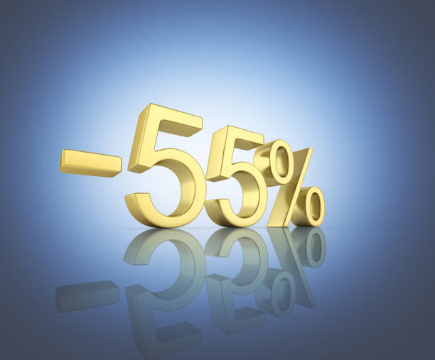 istock Gold text 55 percent off on dark blue background with reflection 3D render 804524238