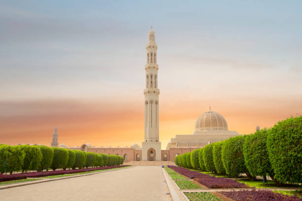 oman. mascate. grande moschea del sultano qaboos. - oman greater masqat built structure mosque foto e immagini stock