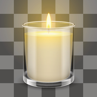 Candle light in a straight glass jar. Vector realistic illustration isolated on transparent background.